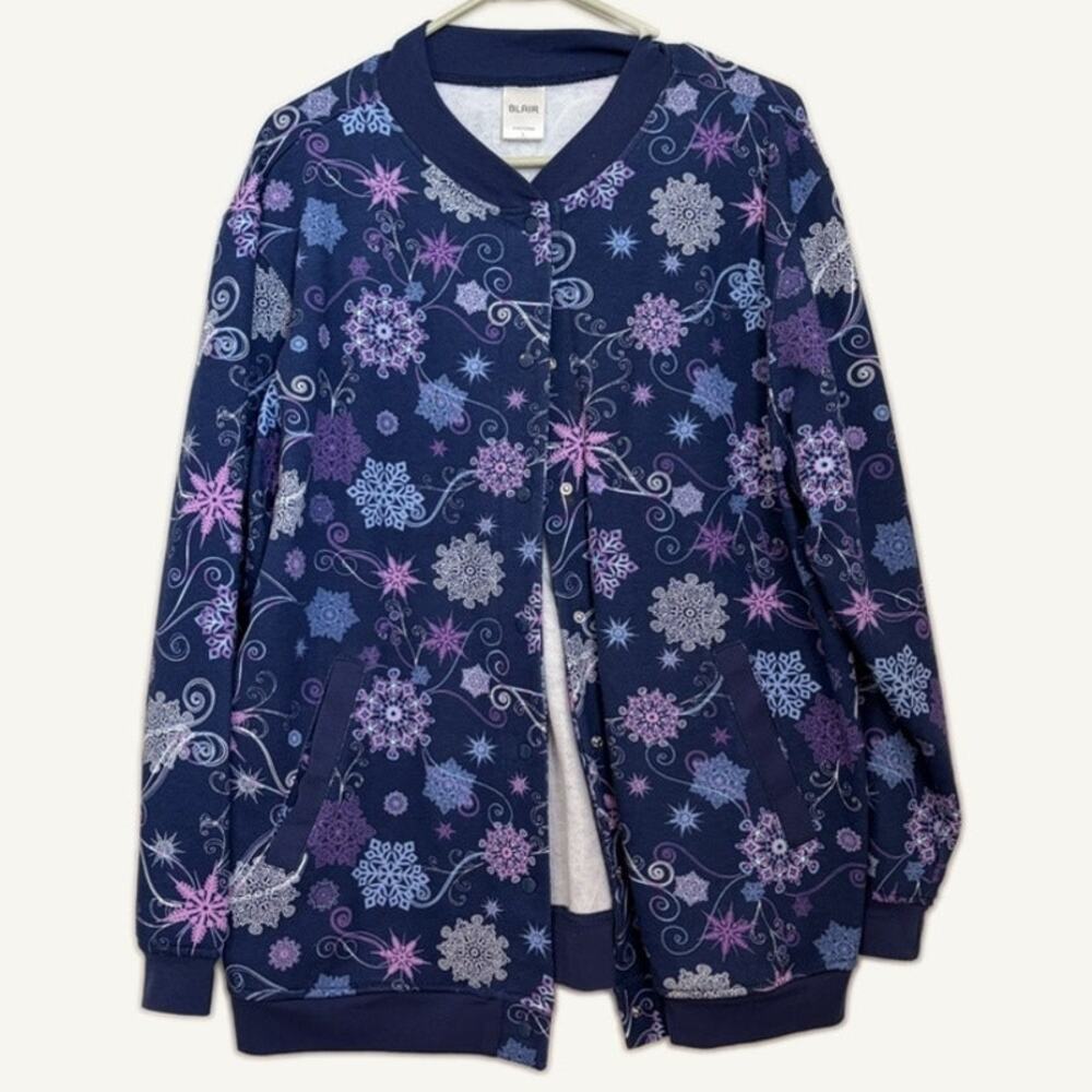 Blair Blue Snowflake Snap Front Fleece Jacket Women's L Winter Cardigan